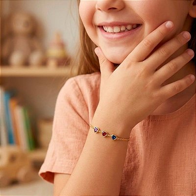 Pulseira Infantil Coração Colorido Ouro 18k