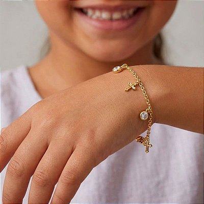 Pulseira Infantil Pingentes Zirconias e Cruz Banho Ouro 18k