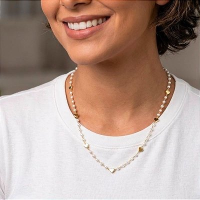Colar de Pérola com Coração Banho de Ouro 18k