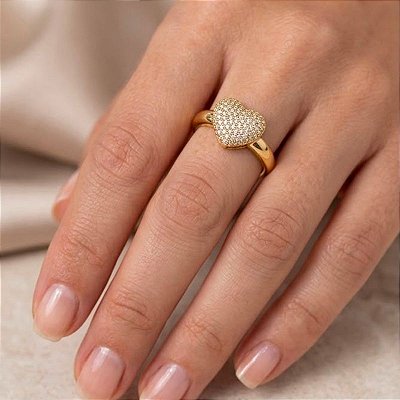 Anel Chuveiro Coração Cravejado Banho de Ouro 18k e Prata
