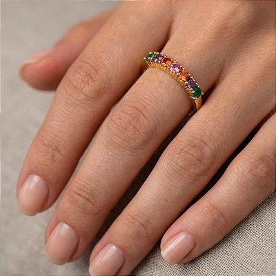 Anel Meia Aliança Zircônia Colorida Banho de Ouro 18k