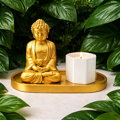 Kit Decorativo Buda Dourado com Porta Velas Artesanal