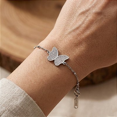 Pulseira Corrente Esfera Pingente Borboleta Cravejada Aço Prata 316L⭐️