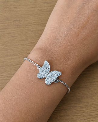 PULSEIRA CORRENTE ESFERA PINGENTE BORBOLETA CRAVEJADA AÇO PRATA 316L⭐️