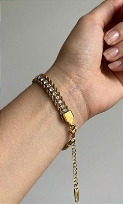 PULSEIRA TRIPLA CORDÃO BAIANO STRASS AÇO DOURADO 316L⭐️