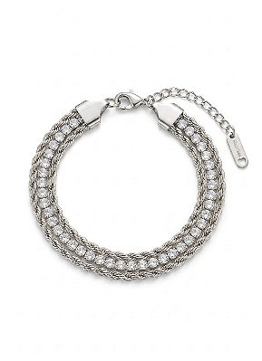 PULSEIRA TRIPLA CORDÃO BAIANO STRASS AÇO PRATA 316L⭐️