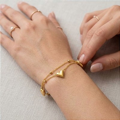 Pulseira Dupla Corrente Esfera Coração Liso Aço Dourado 316L⭐️