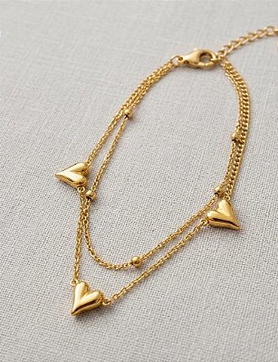 PULSEIRA DUPLA CORRENTE ESFERA CORAÇÃO LISO AÇO DOURADO 316L⭐️