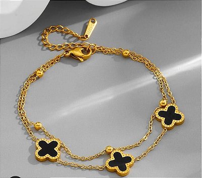 PULSEIRA DUPLA CORRENTE ESFERA PINGENTE TREVO AÇO DOURADO 316L⭐️