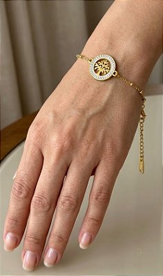 PULSEIRA CORRENTE ESFERA PINGENTE ÁRVORE DA VIDA CRAVEJADO AÇO DOURADO 316L⭐️