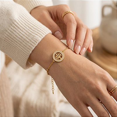 Pulseira Esfera Árvore Vida Cravejado Aço Dourado 316L⭐️