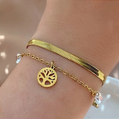 Pulseira Corrente Dupla Fita fina Árvore Da Vida aço Dourado Inoxidável 316 L ⭐️