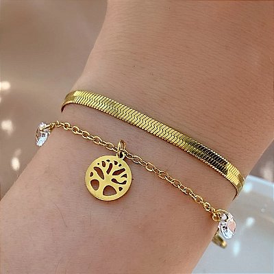 PULSEIRA CORRENTE DUPLA FITA FINA E ÁRVORE DA VIDA DOURADO AÇO 316L⭐️