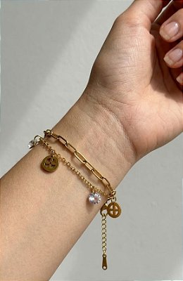 PULSEIRA DUPLA ELO CORRENTE E PINGENTE BERLOQUE AÇO DOURADO 316L⭐️