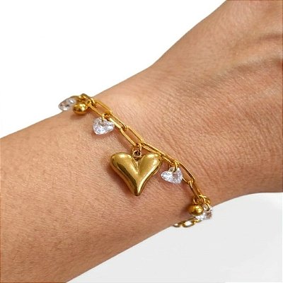 PULSEIRA CORRENTE PINGENTES CRISTAIS E CORAÇÃO LISO AÇO DOURADO 316L⭐️