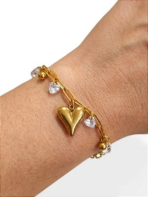 PULSEIRA CORRENTE PINGENTE CORAÇÃO CRISTAL BOLINHAS AÇO DOURADO 316L⭐️