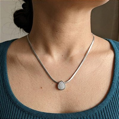 Colar Corrente Lacraia Pingente Oval Cravejado Aço Prata 316L⭐️