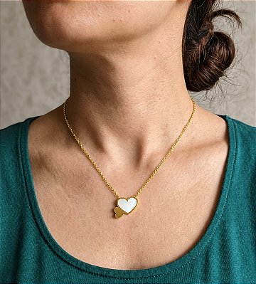 COLAR CORAÇÃO DUPLO MADRE PÉROLA LISO AÇO DOURADO 316L⭐️