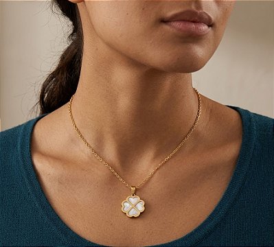 COLAR PINGENTE TREVO 4 FOLAS MADRE PÉROLA AÇO DOURDO 316L⭐️