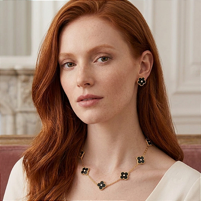 Conjunto Colar Brinco Trevo Cristal Aço Dourado 316L⭐️
