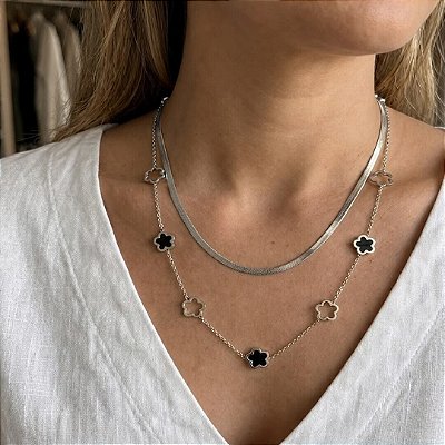 COLAR DUPLO FITA PINGENTE TREVO RESINADO TREVO VAZADO AÇO PRATA 316L⭐️
