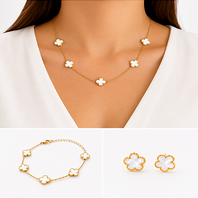 Conjunto 3 Peças Trevo Madrepérola Aço Dourado 316L⭐️