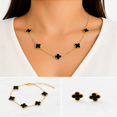 Conjunto 3 Peças Trevo Resinado Aço Dourado 316L⭐️