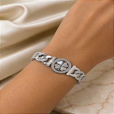 Bracelete Trevo Com Detalhe Cravejado e Branco AÇO 316L⭐️