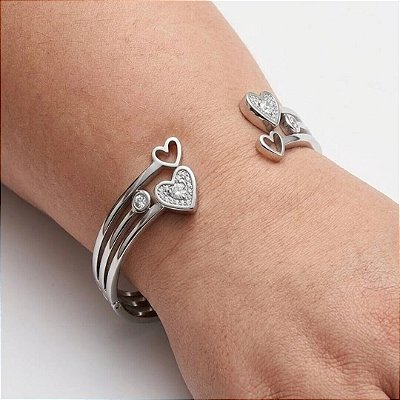 Bracelete Coração Cravejado E Vazado Pedra Cristal Aço Prata 316L⭐️