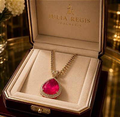 Colar Luxo Safira Rosa Banhado a Ouro 18k