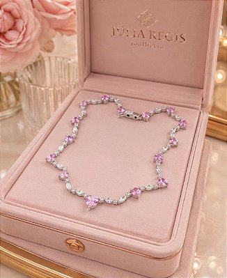 Colar Luxo Encanto Cristal e Rosa Banhado no Ródio Branco
