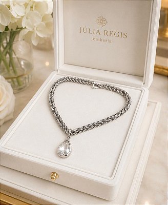 Colar Maxi Gota Cristal Banhado no Ródio Branco