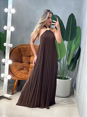Vestido Longo em Crepe Frente Única Plissado com Fivela Alice