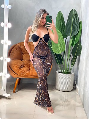 Conjunto Biquíni com Fivela e Saída de Praia de Tule Estampado Samira