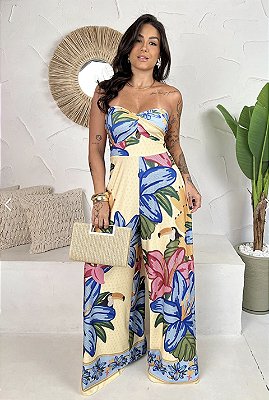 Macacão Pantalona Floral Amarelo