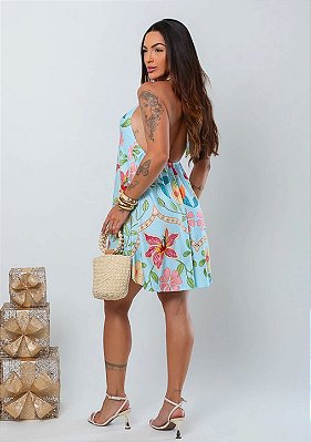 Vestido Curto Jardim Floral Azul