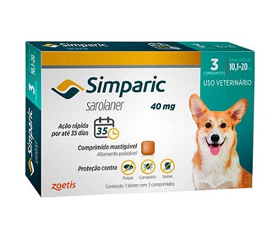 Simparic 40mg Zoetis 3 comp Antipulgas Cães 10,1 a 20kg