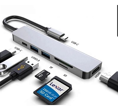HUB USB C  6 em 1 , HDMI, Leitor de cartão SD e Micro SD, HDMI 4k , USB 3.0, USB C