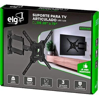 Suporte TV Articulado ELG A02V4 para TV`s LCD, LED, Plasma e 3D de 26 a 75" Braço 50 cm 2V4 ELG