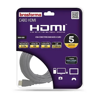 Cabo Hdmi 5 metros 2.0v 4K Ultra HD 3D HDR 19 Pinos Brasforma High Speed com Ethernet 1080P/2160P