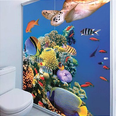 Adesivo Box Banheiro Coral E Tartarugas 2 Folhas De 70x200cm