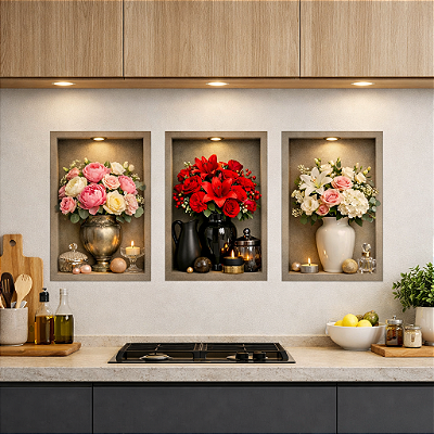 Nichos Adesivos Florais E Vasos C/ Efeito 3d Kit Com 3 Peças