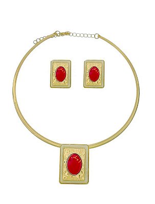 Conjunto Choker Aro e Brinco Quadrados Resinados - Vermelho