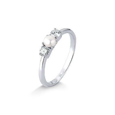 Anel Pérola Natural e 2 Moissanites Prata 925 com Ródio