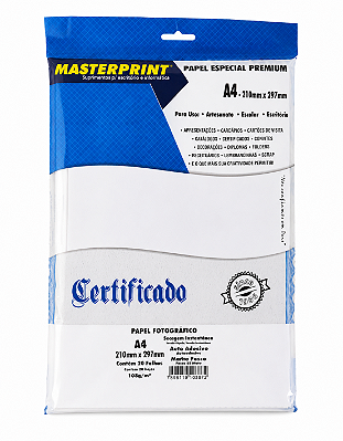 Papel Fotográfico Adesivo - Masterprint - Branco Fosco/Matte - 108g - A4 - 210x297mm