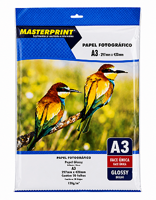 Papel Fotográfico - Masterprint - Brilho/Glossy - 120g - Jato de Tinta - A3 - 297x420mm