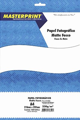 Papel Fotográfico - Masterprint - Fosco/Matte - 230g - Jato de Tinta - A4 - 210x297mm