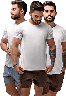 Kit 3 Camisetas Básicas Corte A Fio 100% Algodão - Brancas