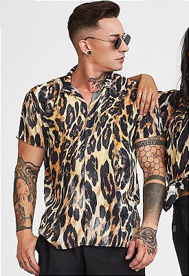 Camisa Masculina Estampada Manga Curta Viscose - Leopard Print