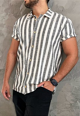 Camisa Manga Curta Masculina Algodão Listrada Preto